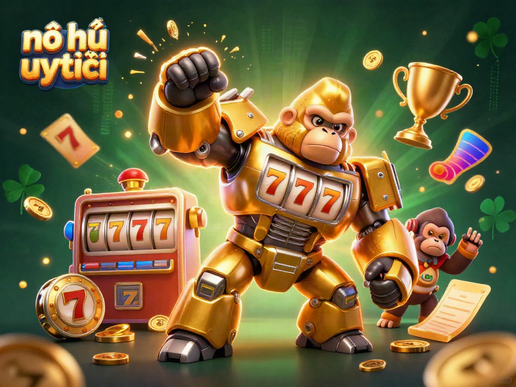 Experience the exciting nổ hũ uy tín adventure with dynamic golden gorilla mech and vibrant slot game elements.