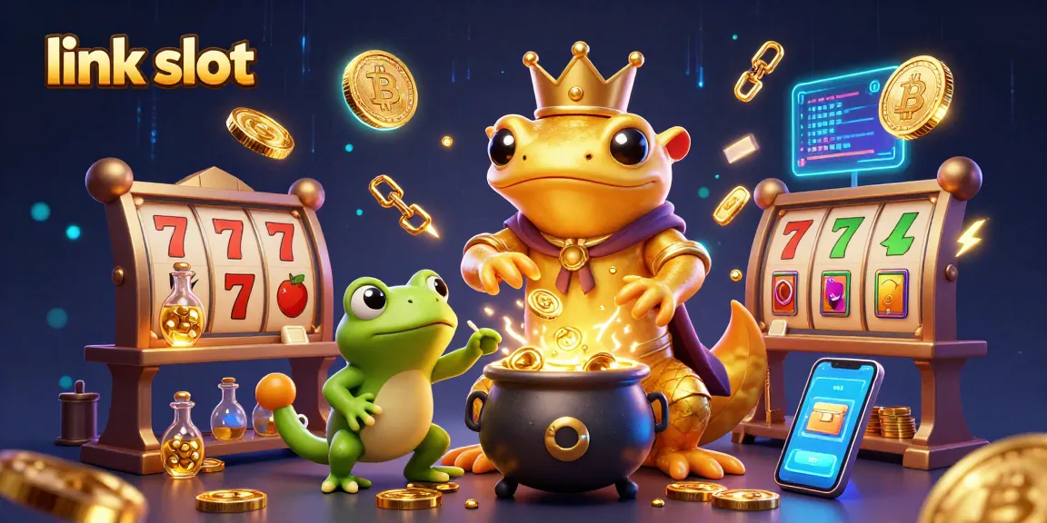 Experience the excitement of link slot games with vibrant characters and crypto elements in this detailed 3D illustration.