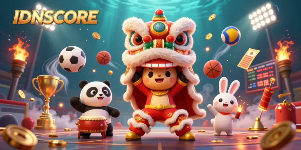 IDNSCORE sports betting scene with vibrant lion dance and reward elements.