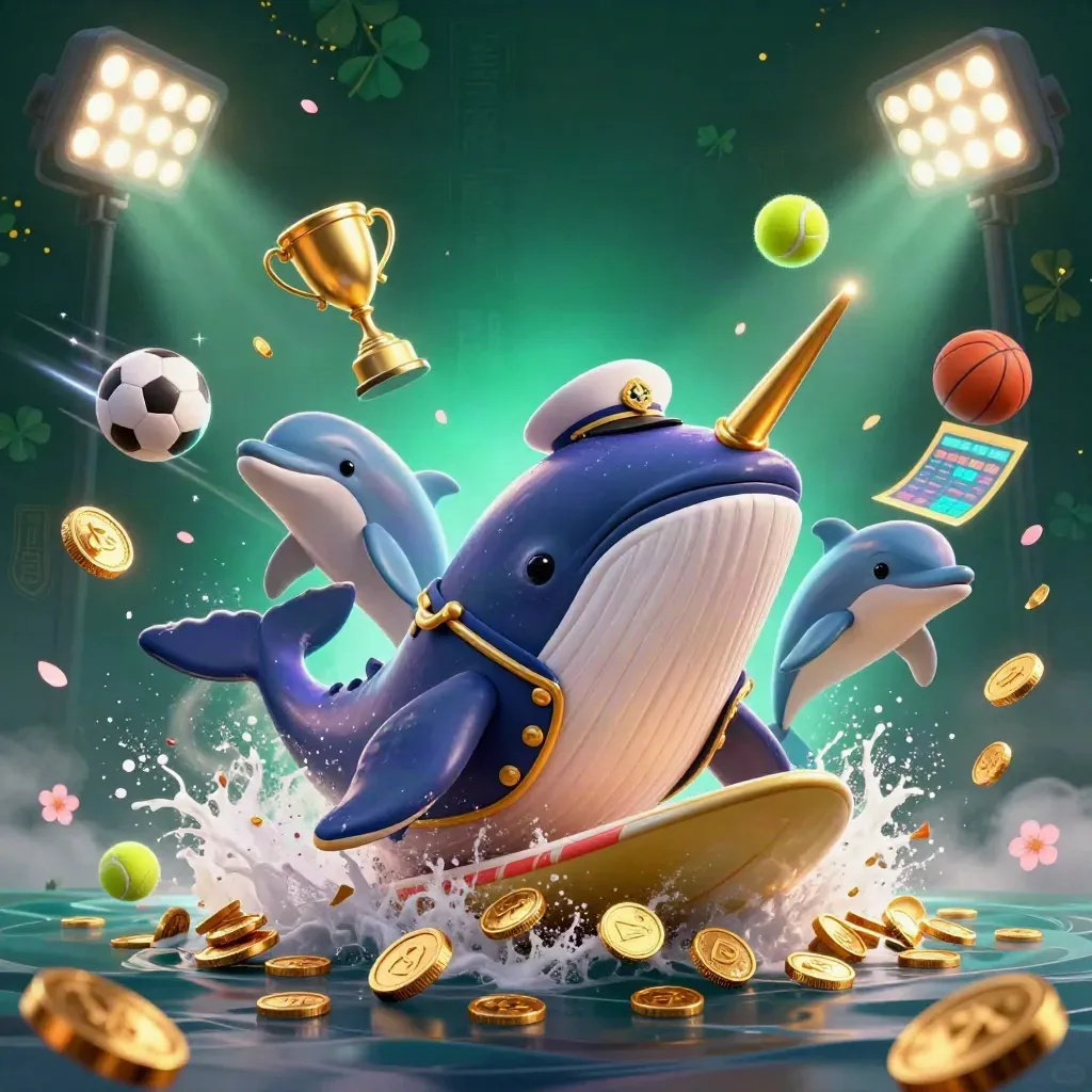 Paus kapten, narwhal, lumba-lumba, koin emas, dan bola olahraga dalam cahaya neon.