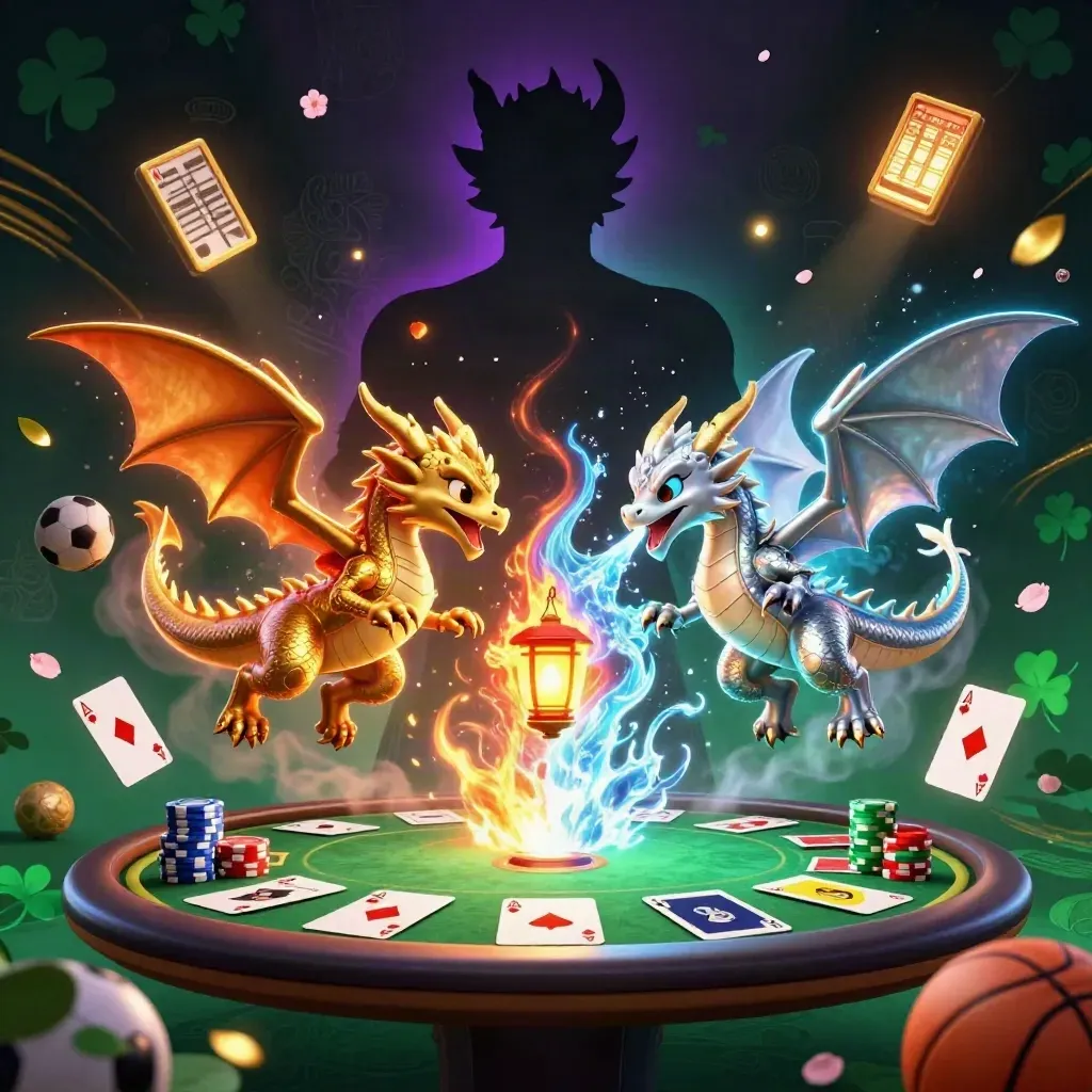Dua naga emas dan perak berputar di atas meja poker, dikelilingi bola, chip, dan cahaya neon.