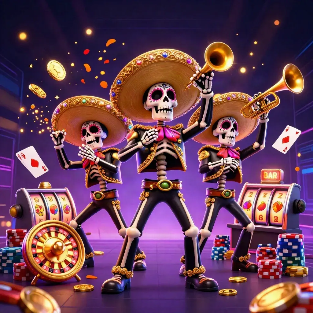 Trio kerangka mariachi Day of the Dead dikelilingi koin, permata, roda roulette, dan cahaya neon.