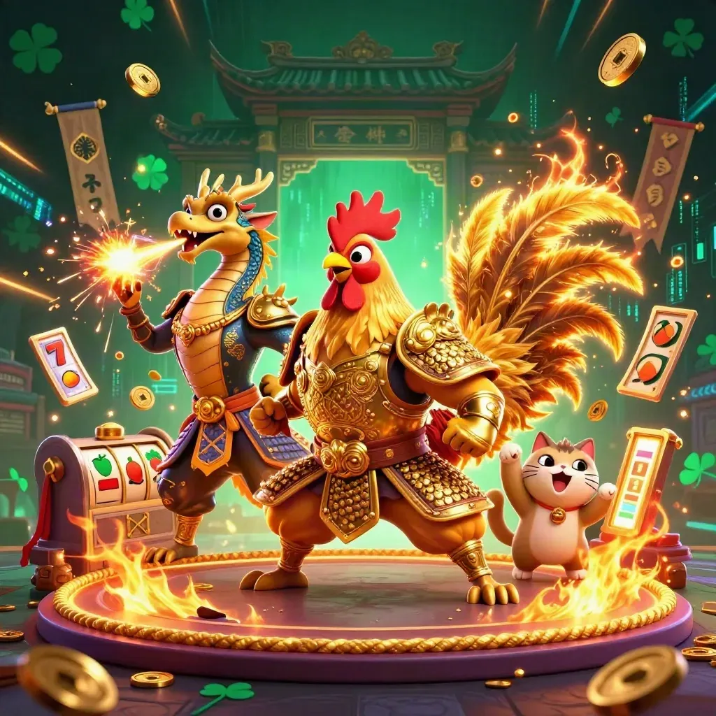 Ayam samurai, naga kecil, dan kucing hoki meledak di arena kuil dengan cahaya neon.
