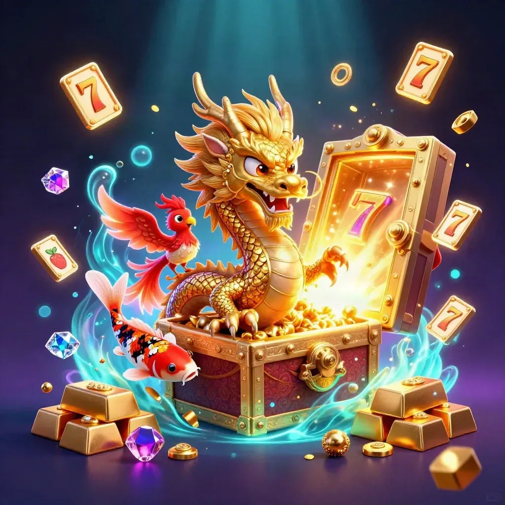 Naga emas 3D melingkar di peti harta, phoenix merah, koi, permata meledak, cahaya neon.
