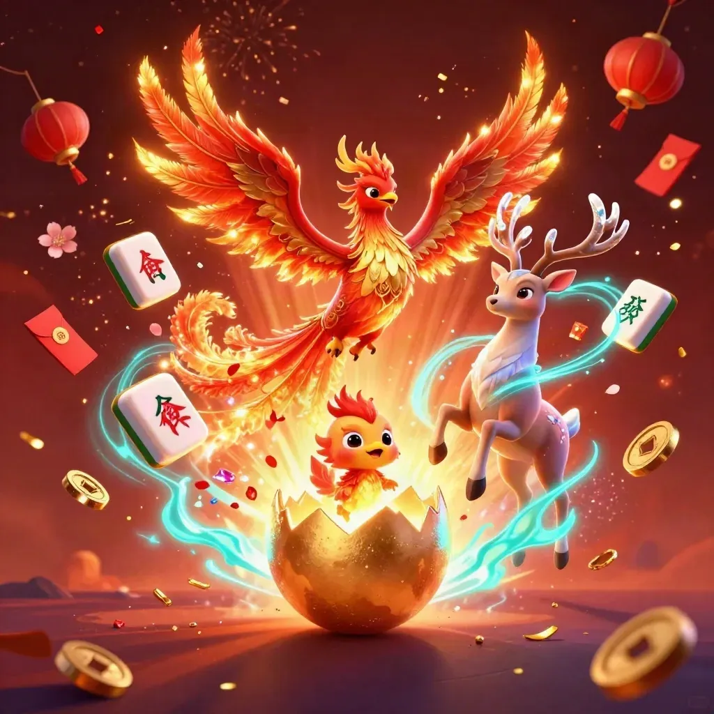 Phoenix api, bayi phoenix, dan rusa kristal di tengah ledakan emas dan neon cyan.