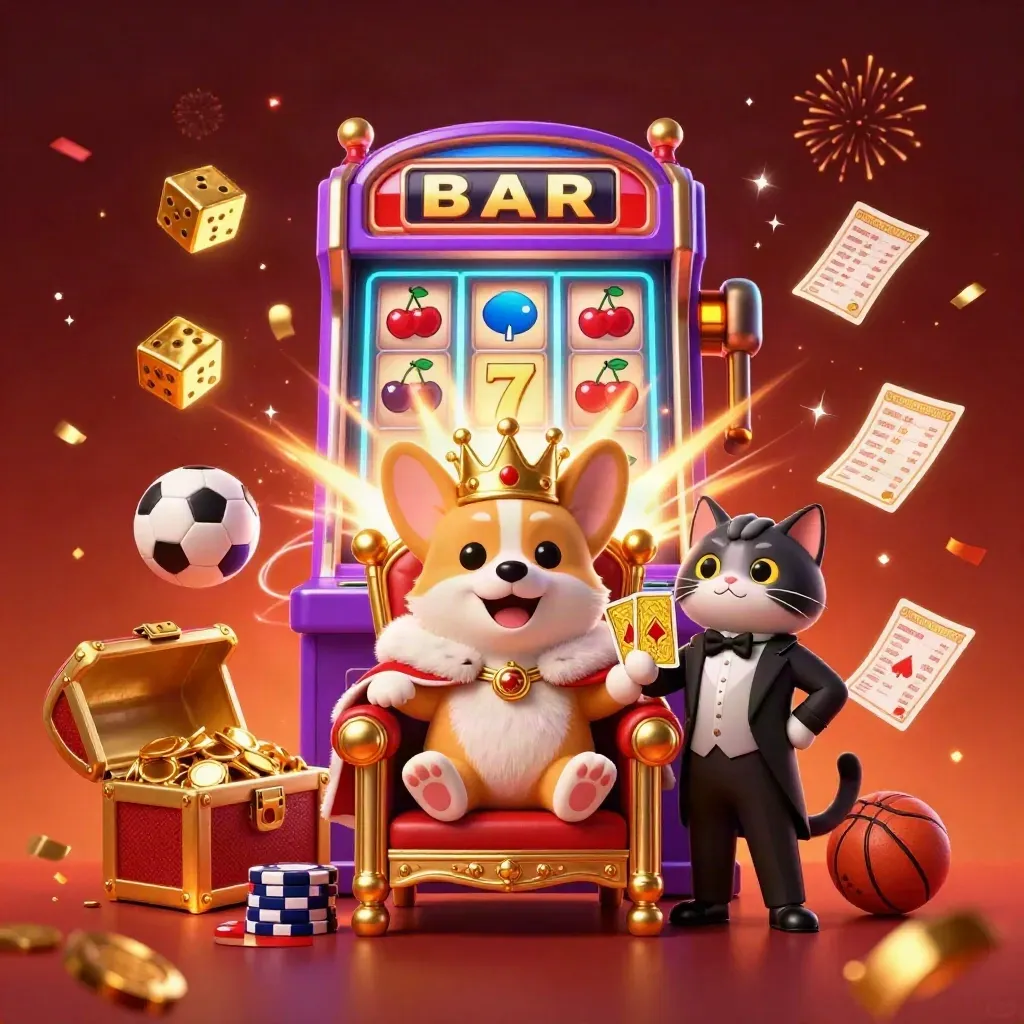 Korgi raja dan butler kucing di lautan koin emas, slot meledak, kembang api dan konfeti.