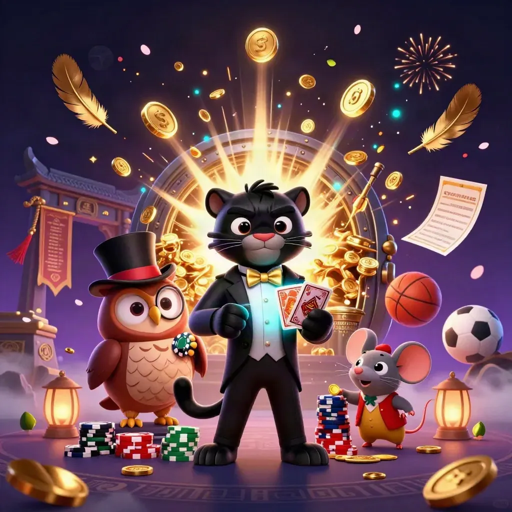 Panther tuxedo, burung hantu, dan tikus kasino di ledakan koin emas neon.