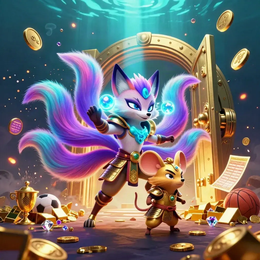 Rubah sembilan ekor neon dan tikus samurai emas di depan brankas harta meledak penuh koin.