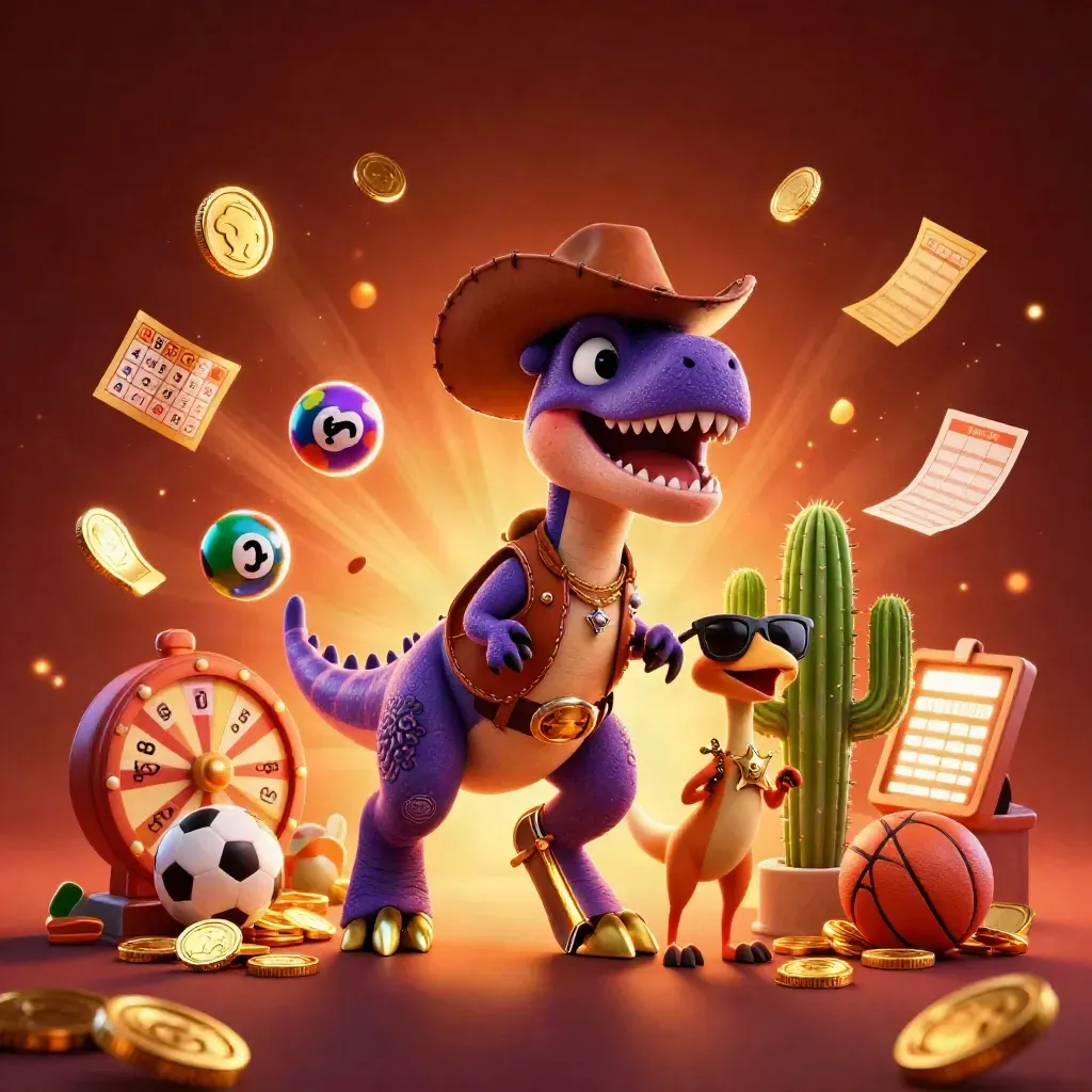T-Rex koboi, kaktus, dan roadrunner di tengah koin emas dan efek kasino futuristik.