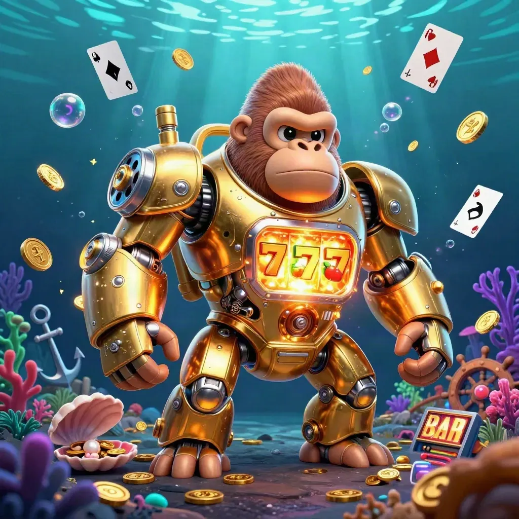Gorila mech emas ala slot dengan monyet kecil, koin, karang neon, gelembung, dan cahaya bawah laut
