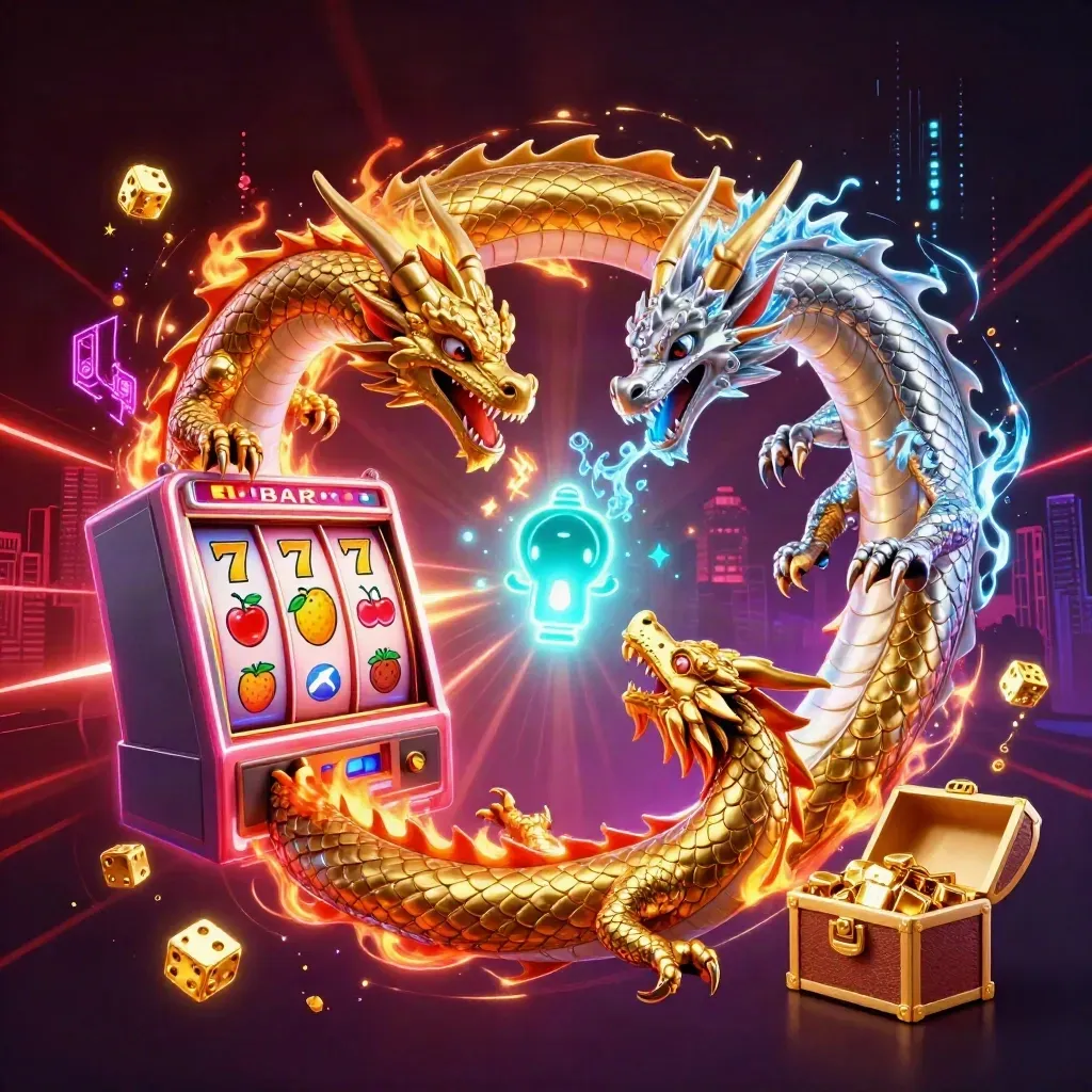 Dua naga kartun emas dan perak berpilin, dikelilingi mesin slot, koin, dadu, dan cahaya neon.
