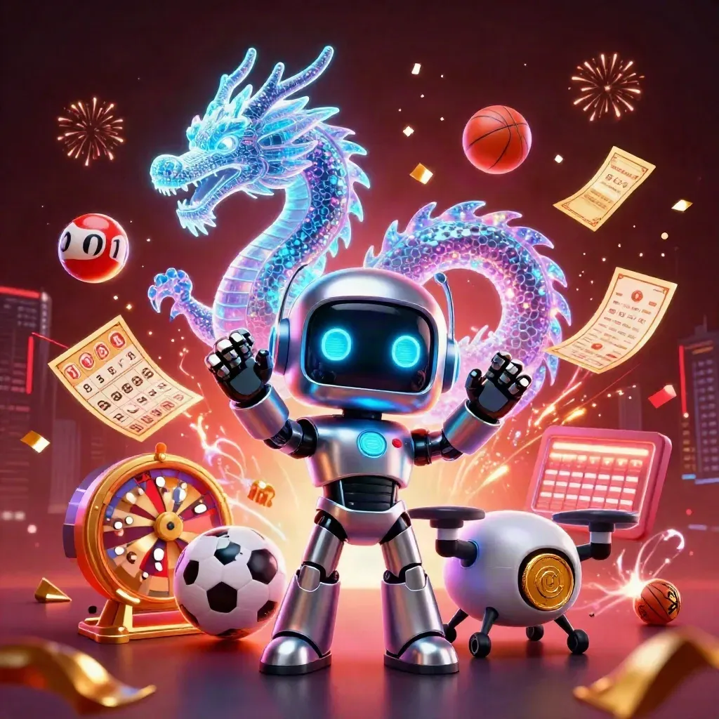 Robot cyberpunk, naga holografik, dan drone koin dikelilingi bola lotre dan efek emas neon.