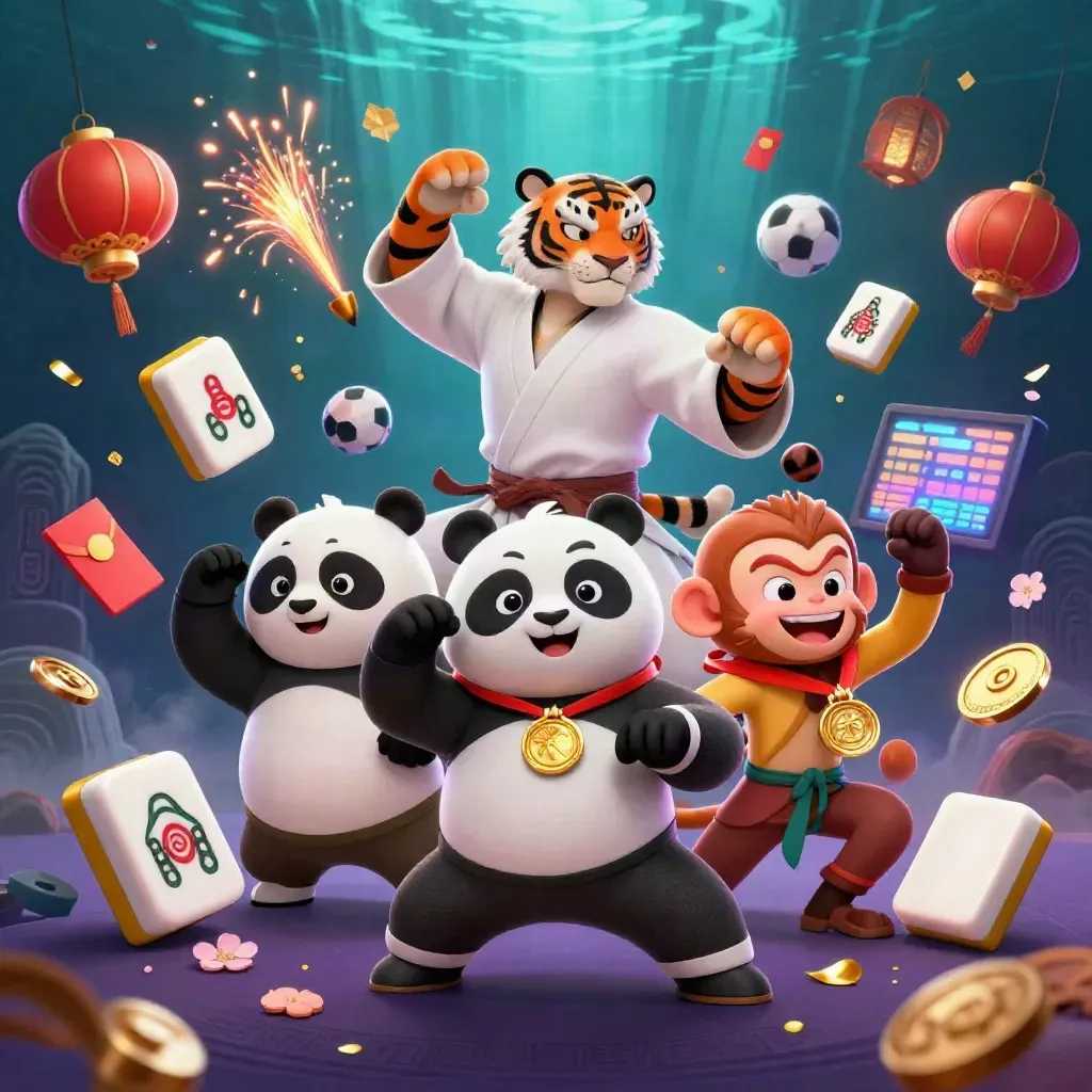 Harimau kung-fu, panda, dan monyet di antara simbol keberuntungan kasino neon.