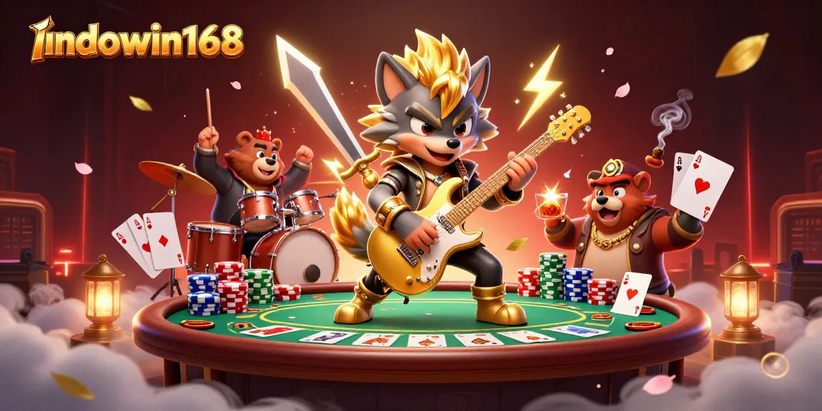 Join the excitement at indowin168 with vibrant casino elements and energetic characters celebrating gaming.