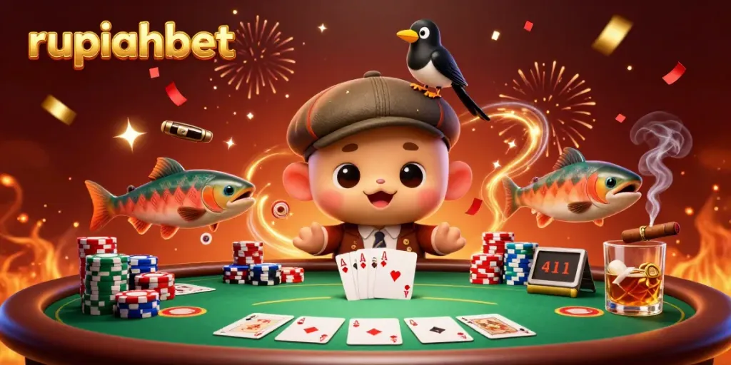 Experience the excitement of casino gaming with rupiahbet's vibrant 3D illustration featuring playful characters and poker elements.