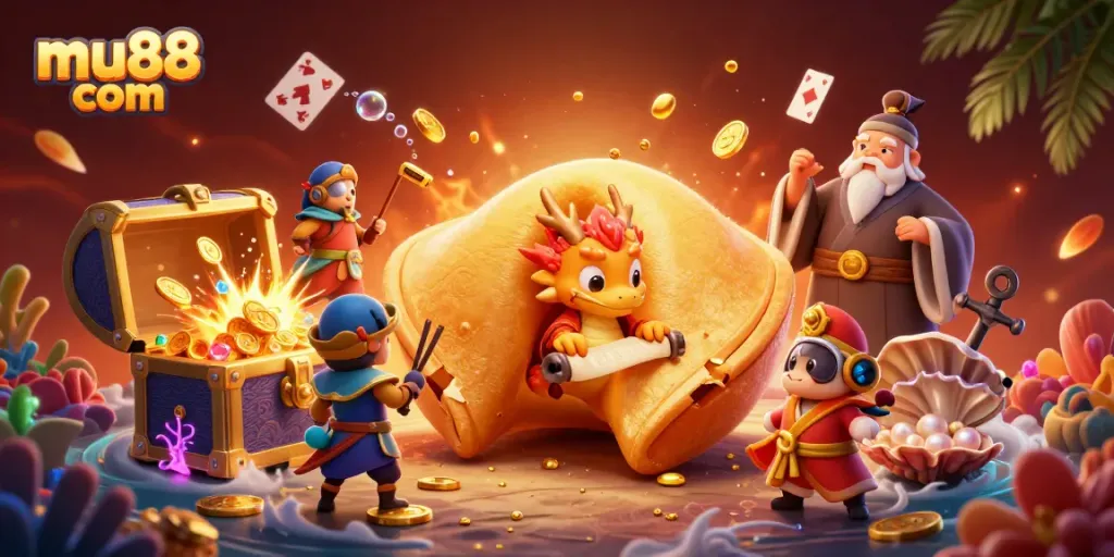 Immerse in mu88 com with a vibrant 3D casino scene, featuring a golden fortune cookie and gaming elements.