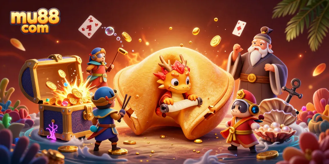 Immerse in mu88 com with a vibrant 3D casino scene, featuring a golden fortune cookie and gaming elements.