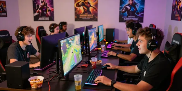 Gamers intensely focused on jebol wd multiplayer gaming session with vibrant LED lights and gaming gear.