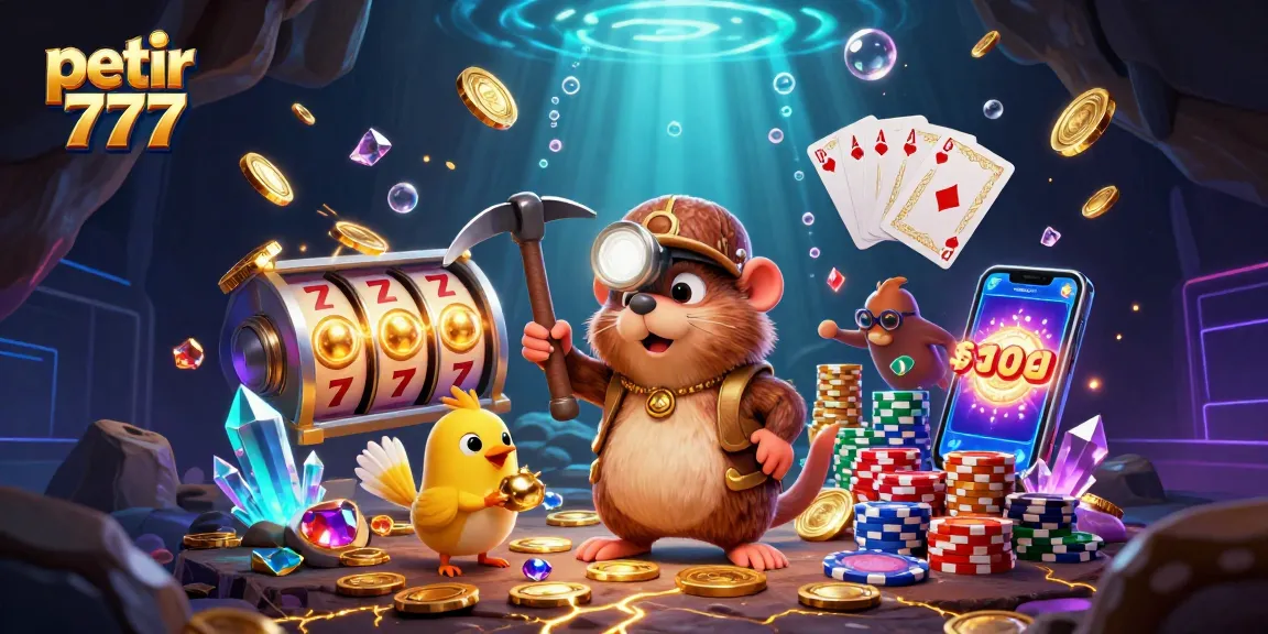 Experience exciting wins with petir 777 while mining for gems and golden treasures in this vibrant casino illustration.