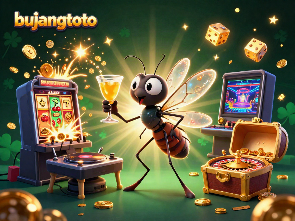 Engage in excitement with bujangtoto as a vibrant casino illustration featuring a unique mascot and dynamic gaming elements.