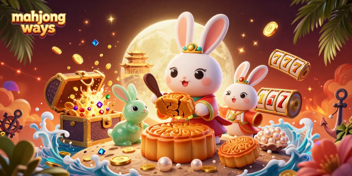 Engage with Mahjong Ways by witnessing a playful moon rabbit surrounded by vibrant casino elements in a mystical setting.