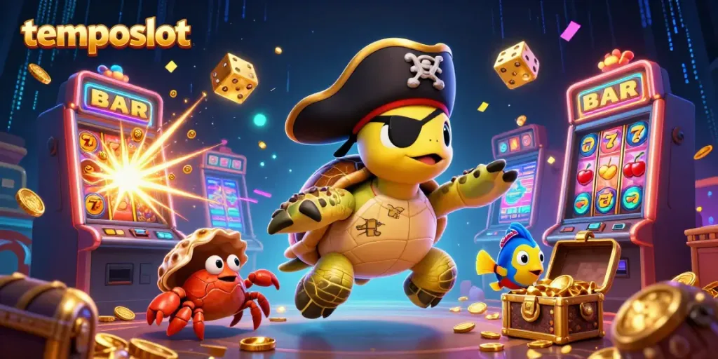 Engage with temposlot's vibrant 3D scene featuring a pirate turtle and colorful casino elements.