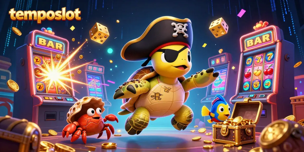 Engage with temposlot's vibrant 3D scene featuring a pirate turtle and colorful casino elements.