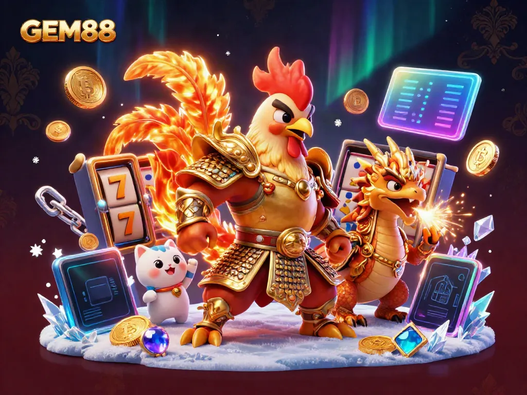 Experience thrilling gameplay at GEM88 with a dynamic rooster warrior, dragon hatchling, and fortune cat amidst casino slots and crypto elements.