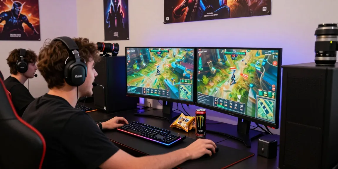 Exciting dollar4d gaming scene with player engaged in competitive gameplay, vibrant graphics on dual monitors.