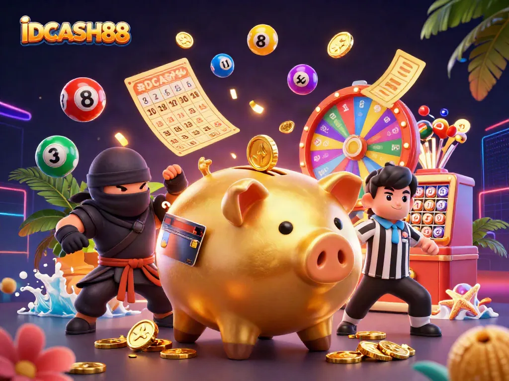 Engage in thrilling gameplay with IDCASH88 featuring a golden piggy bank sumo wrestler amidst dynamic lottery elements.