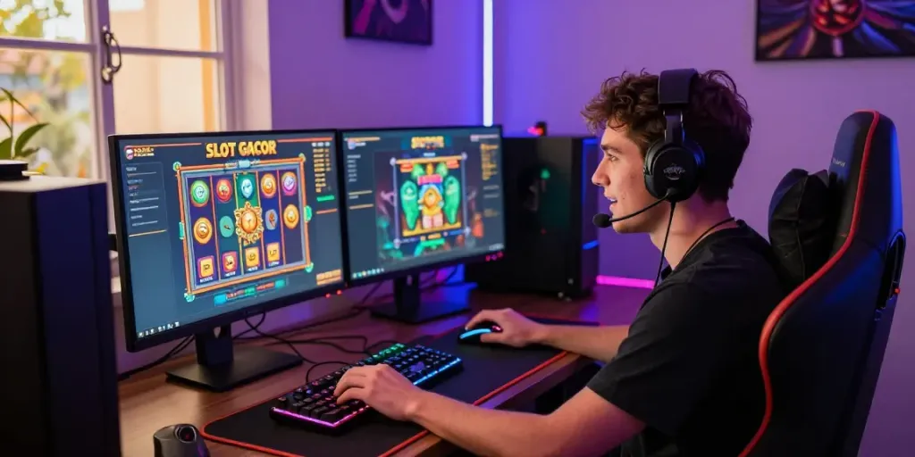 Permainan SLOT GACOR yang menyenangkan dengan pemain terfokus di setup gaming modern.