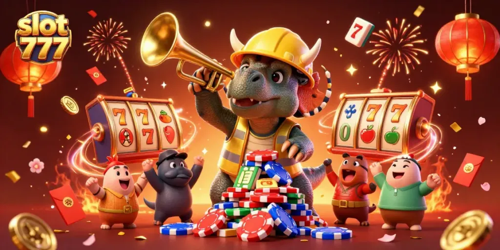 Rasakan serunya bermain slot 777 dengan triceratops membangun chip poker dikelilingi elemen kasino yang meriah.