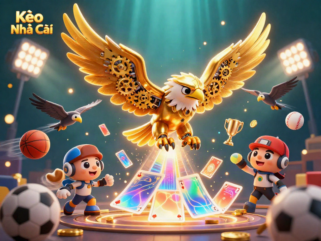 Betting with Kèo Nhà Cái features dynamic sports elements and a cybernetic eagle in 3D illustration.