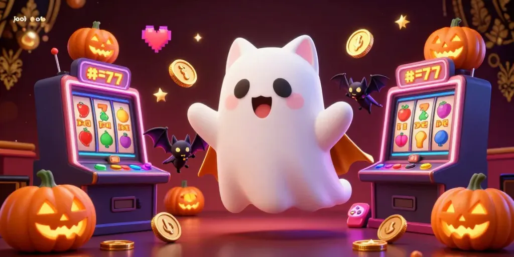 Experience the thrilling gameplay of jogjatoto with a friendly ghost cat in a lively casino setting.