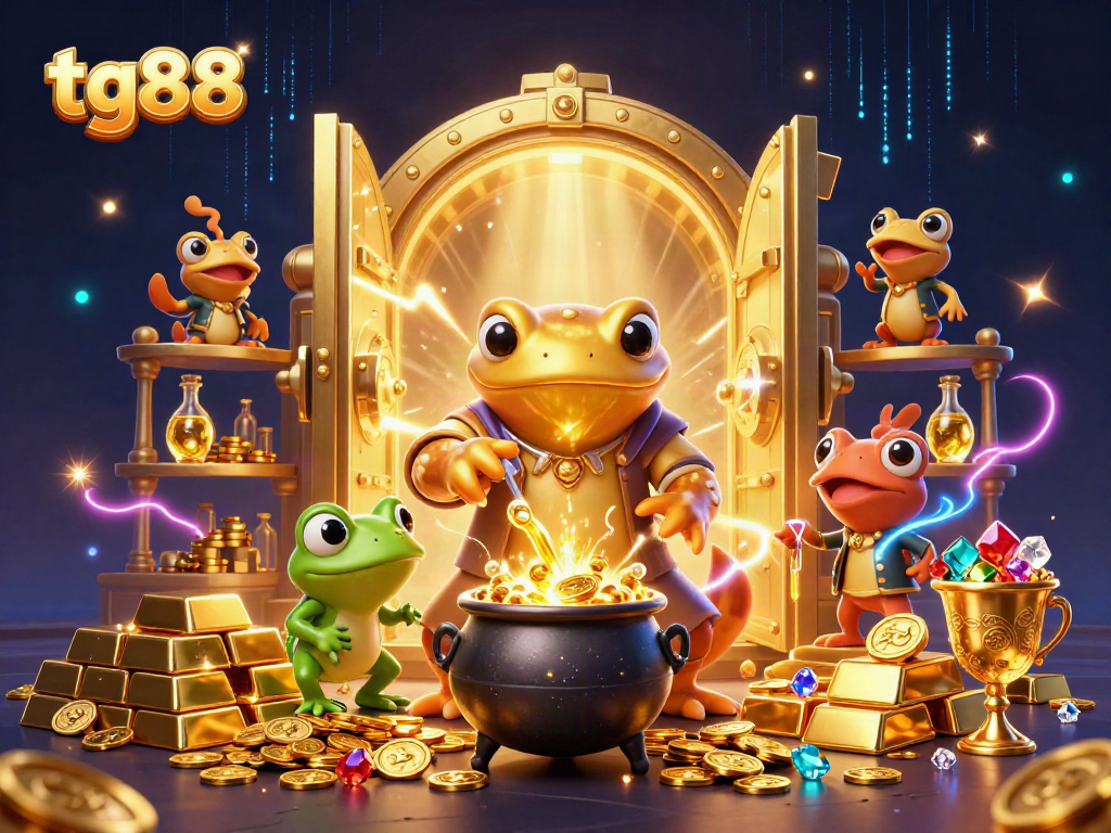 Experience thrilling gaming excitement with tg88's captivating 3D casino scene, featuring whimsical characters and treasure.