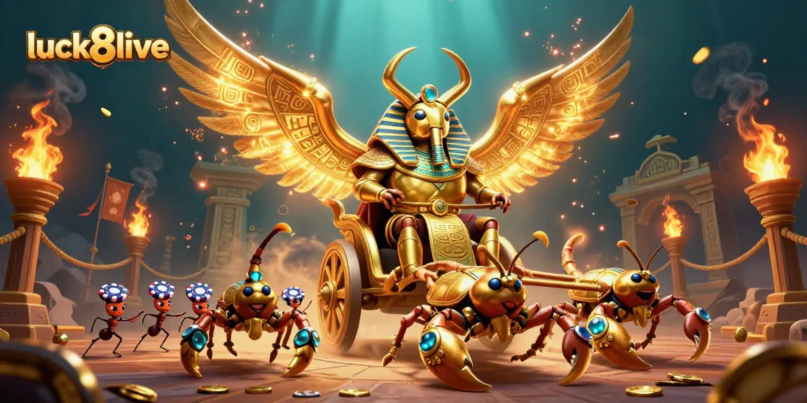 Experience thrilling gameplay with luck8live featuring a golden scarab beetle and scorpions in an action-packed casino scene.