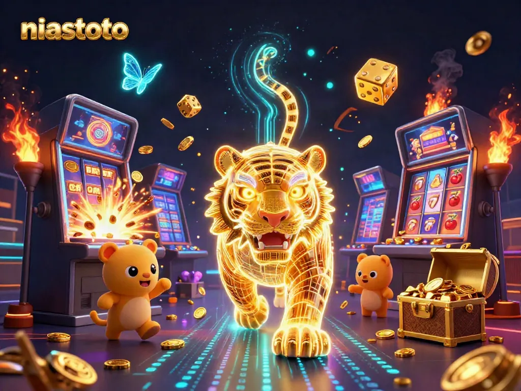 Gelanggang digital niastoto menampilkan harimau emas bercahaya dan mesin slot megah dengan simbol keberuntungan.