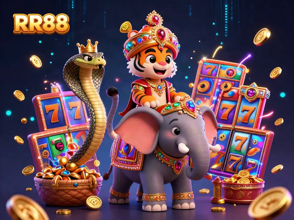 Experience the excitement of RR88 with a vibrant illustration featuring a maharaja tiger and slot machines.