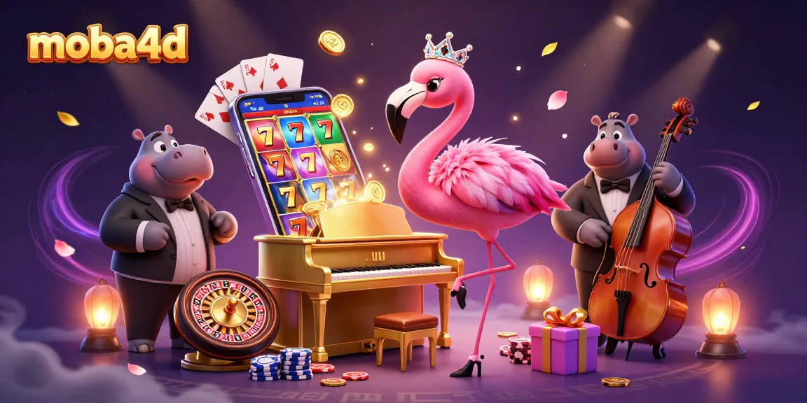 Experience excitement with moba4d's vibrant casino scene, featuring a singing flamingo and hippo bassist.