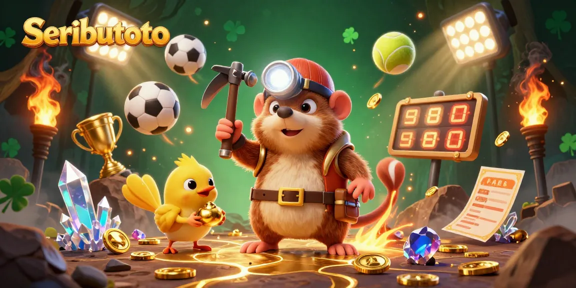 Seributoto thrills bettors with a vibrant 3D casino scene featuring sports elements and treasure.
