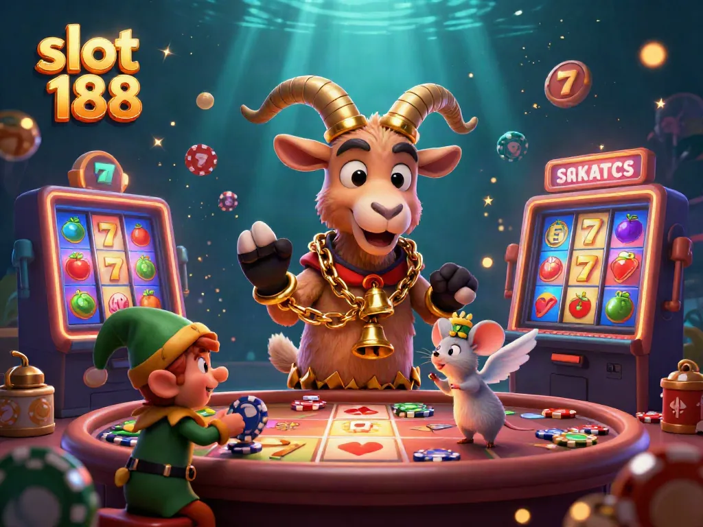 Permainan slot 188 yang seru di kasino, dengan simbol bertema dan suasana yang ramai serta karakter lucu.