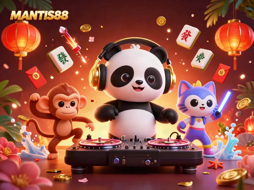 MANTIS88 brings excitement with a DJ panda, breakdancing monkey, and kitten at a vibrant casino party.