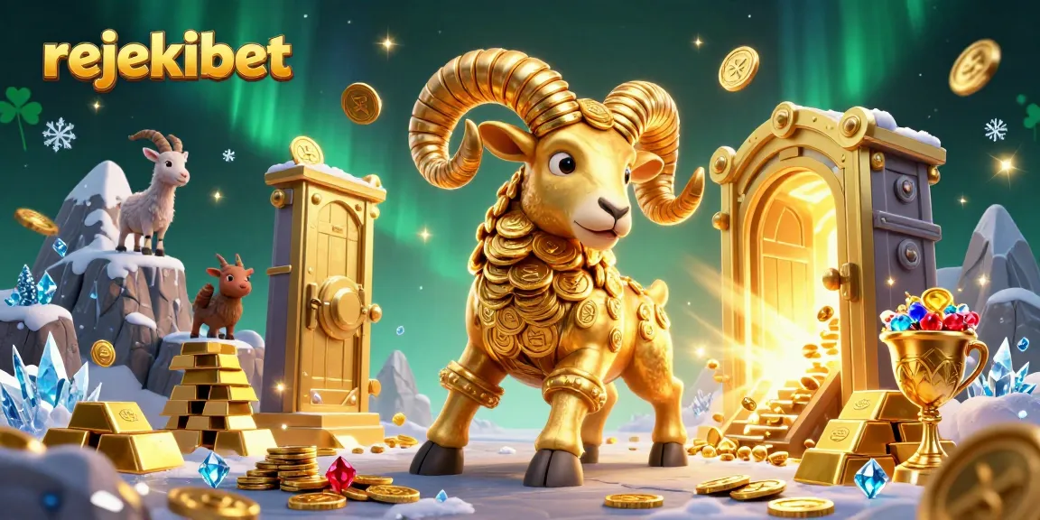 Rejekibet showcases massive golden ram charging at a treasure-filled vault, embodying casino excitement.