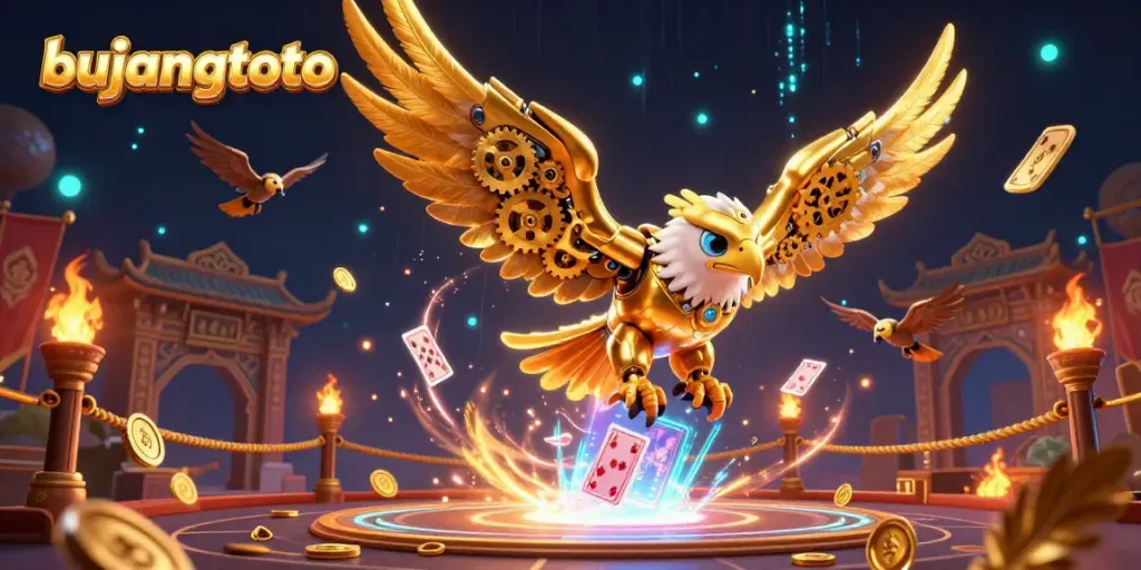 Bujangtoto-themed casino scene featuring a cybernetic eagle amidst flying cards and gold elements.