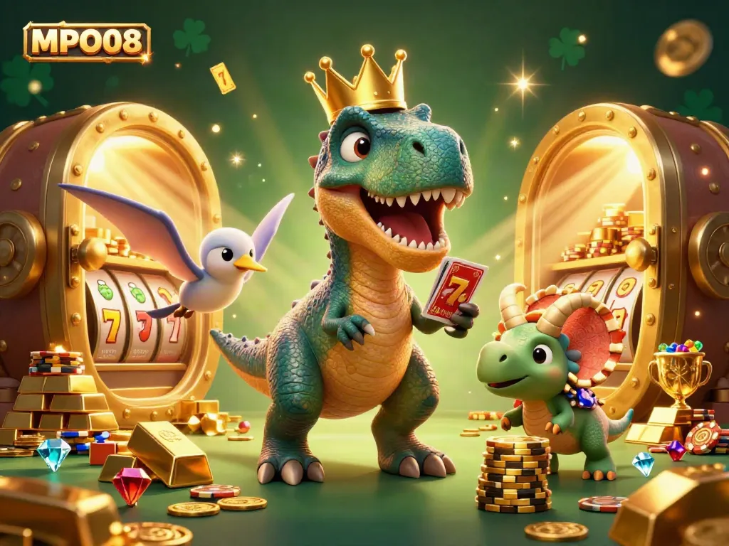 MPO08 highlights a fun casino scene with a T-Rex shuffling cards, adding excitement to gaming.