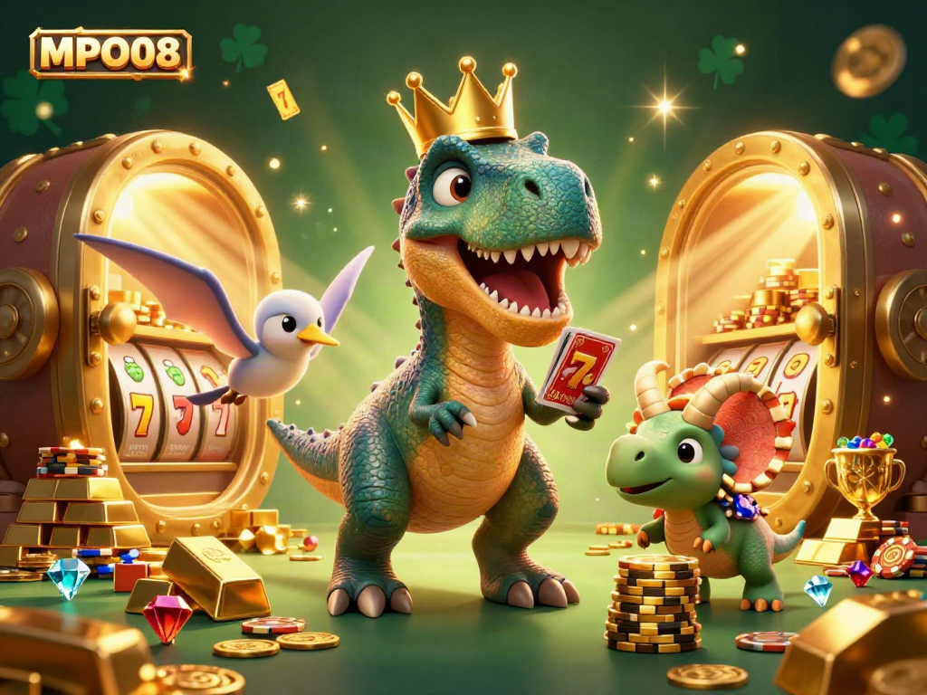 MPO08 highlights a fun casino scene with a T-Rex shuffling cards, adding excitement to gaming.