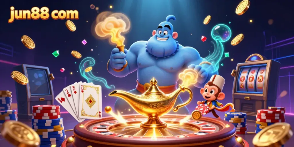 Experience exciting gameplay at jun88 com with a dazzling 3D casino scene featuring a genie and poker chips.