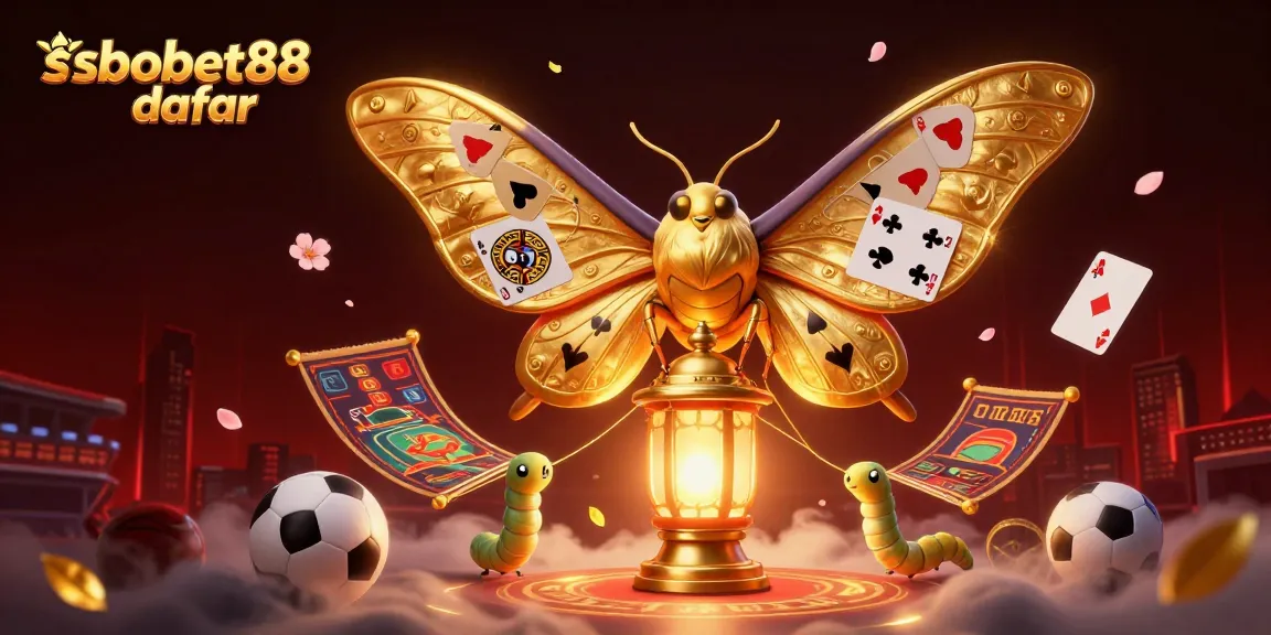 Engage with sbobet88 daftar, featuring an enchanting moth illuminated by casino-themed elements.
