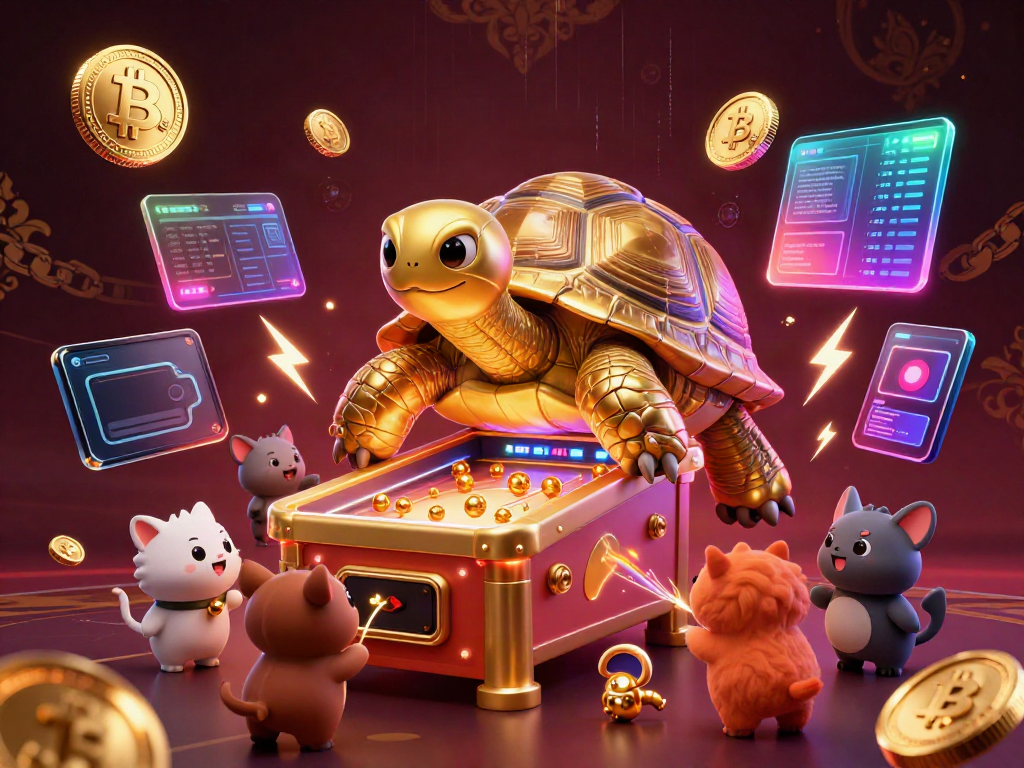 Experience the excitement of Toto 4D with animated golden tortoise characters and cryptocurrency elements.