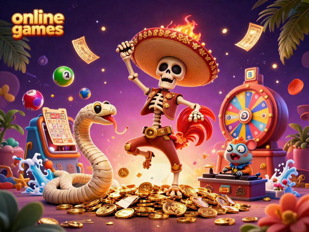 Experience online casino games excitement with our vivid 3D illustration featuring a dancing mariachi rooster, golden coins, and lively gambling elements.